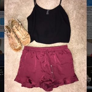Summer outfit - black crop tank, red shorts